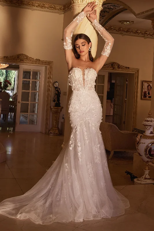 Daily Deals Ladivine CD977W Long Sleeve Lace Fit & Flare Wedding Dress V Neck Bridal Gown