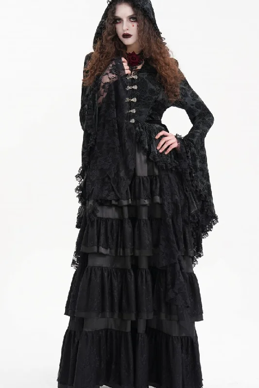 Quick Sale Black Long Trumpet Sleeves Multi-Layered Embroidery Lace Hooded Ripped Women's Gothic Jacket