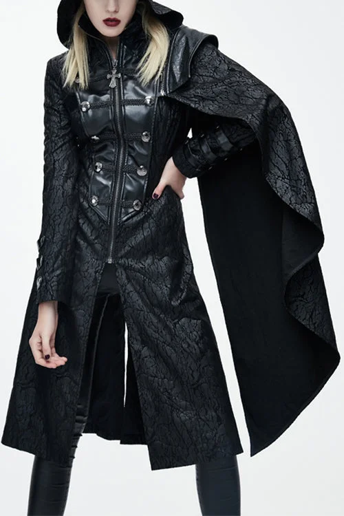 Black Punk Hooded One Side Shawl Gothic Pattern Womens Leather Long Coat