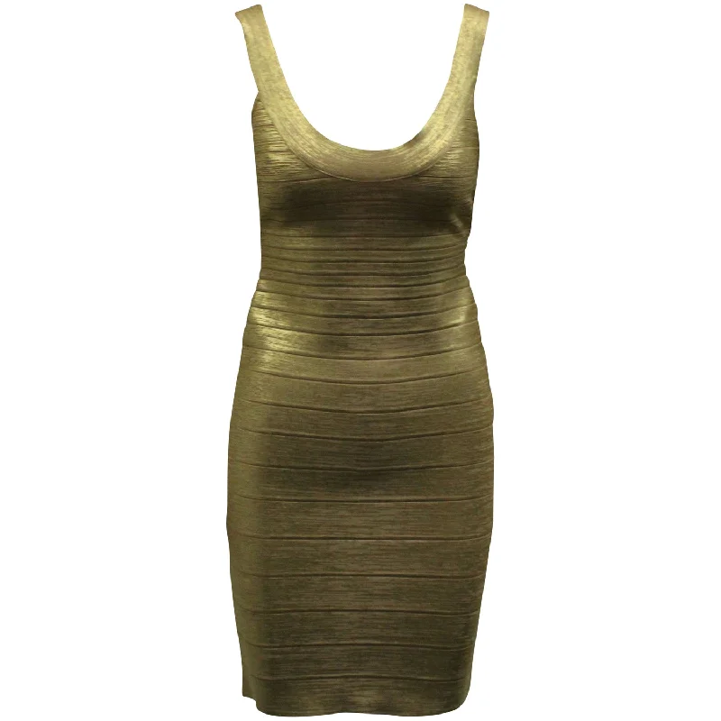 Herve Leger Scoop Neck Bandage Foil Dress in Gold Rayon