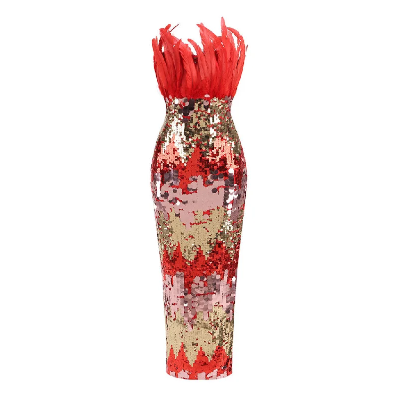 Lowest Prices Blazing Faux Feather & Sequin Embellished Sheath Tube Maxi Formal Dress