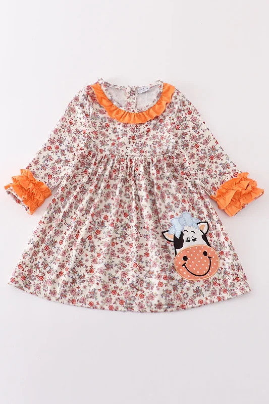 Weekend Flash Sale Coral floral cow applique dress