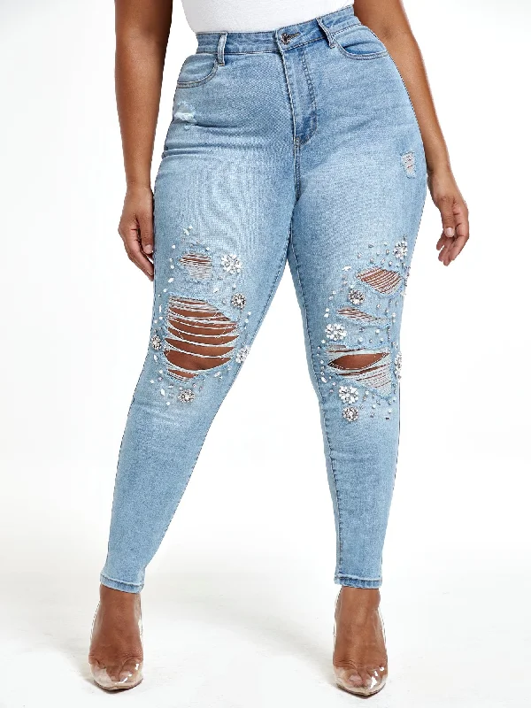 Deal Explosion Light Wash High Rise Rhinestone Skinny Jeans - Tall Inseam