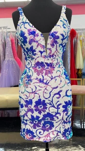 Jovani 09738 Size 4 Purple Short Fitted Floral Sequin Formal Cocktail Dress Plunging V Neck Backless Gown