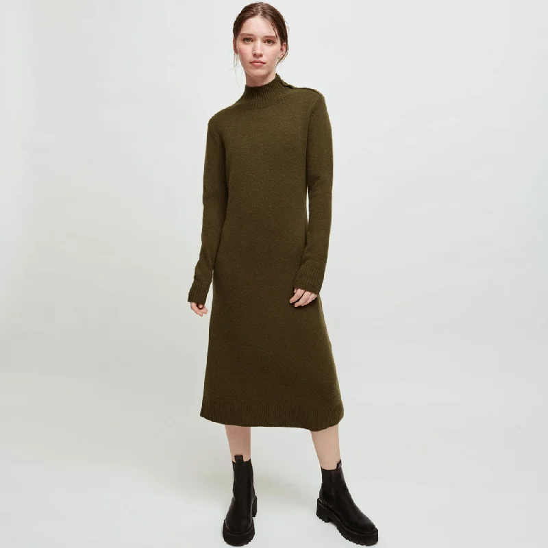 Super Sale Chic Long Sleeve Button Trim High Neck Midi Sweater Dress - Army Green