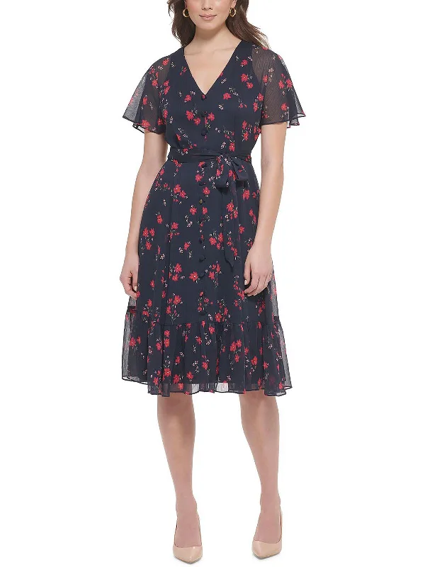 Womens Floral Print Knee Length Fit & Flare Dress