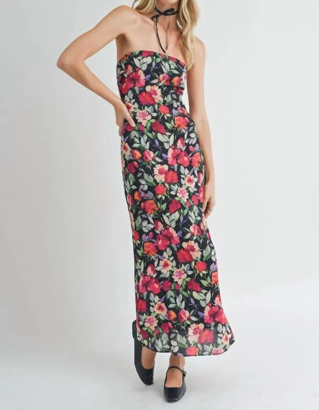 Night Out Strapless Floral Midi Dress In Black Multi