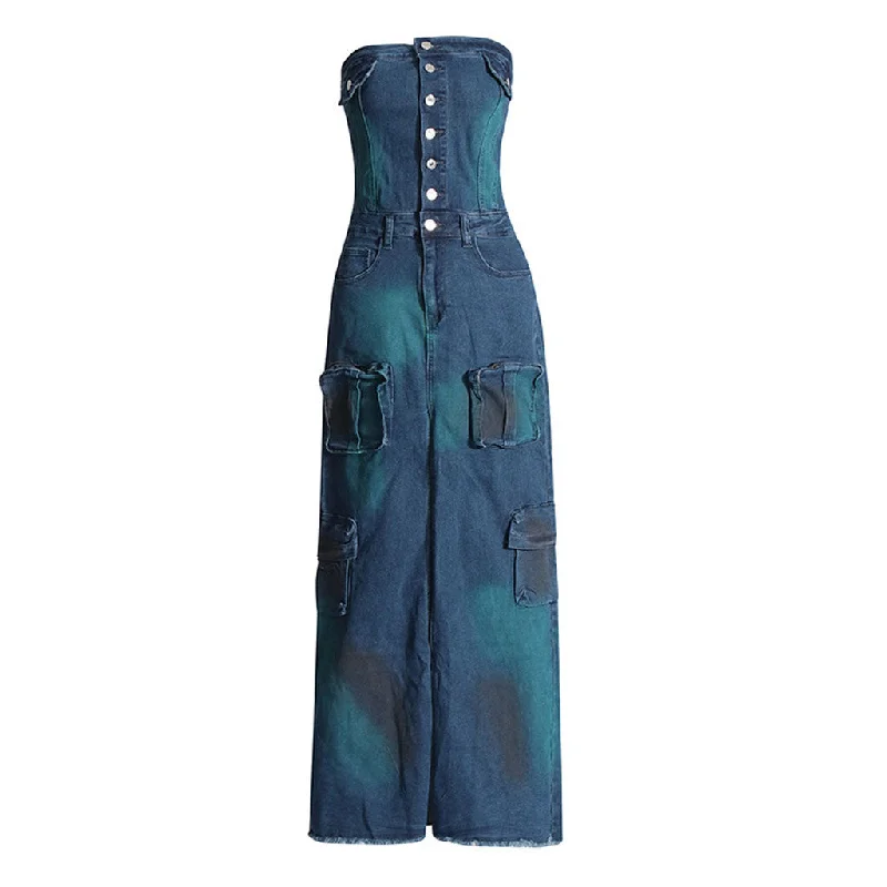 Price Rollback Chic Button Up Strapless Cargo Pocket Split Frayed Hem Denim Maxi Dress