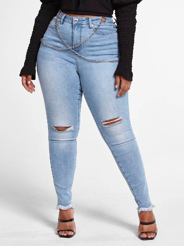 Limited Quantity Light Wash High Rise Skinny Jeans with Chain Detail