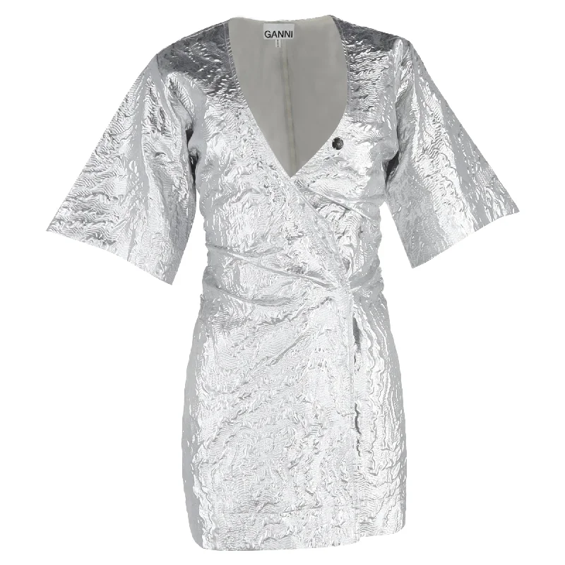 Ganni Metallic Cloqué Mini Wrap Dress in Silver Polyester