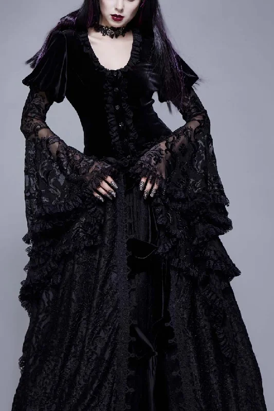 Black Metal Buckle Collar Front Chest Hollow-Out Flare Sleeve Lace Cuff Dress Hem Women's Gothic Coat