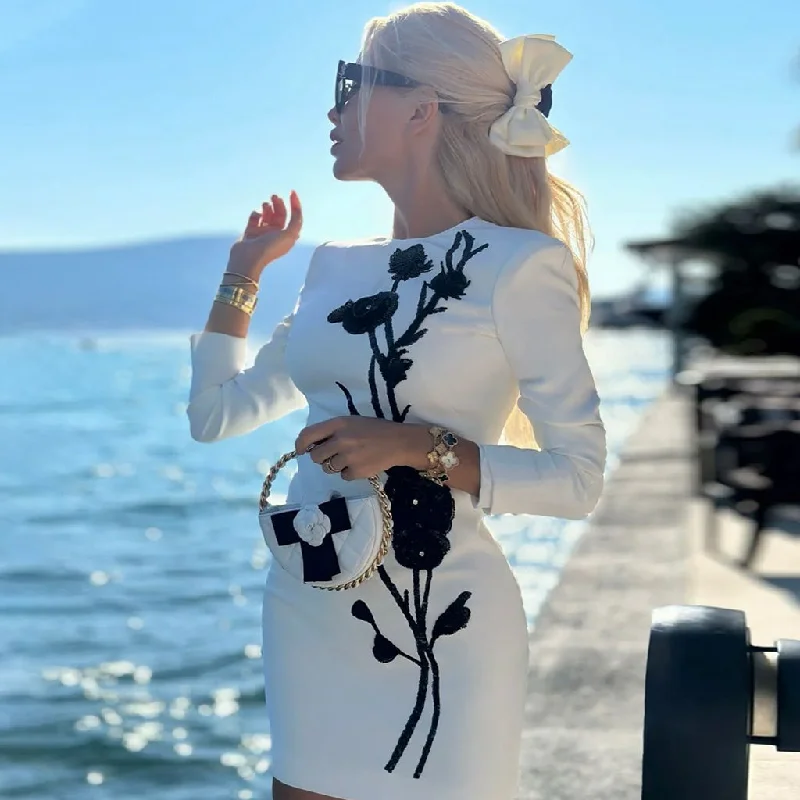 Closeout High End Sequin Beaded Padded Long Sleeve Floral Embroidered Mini Dress