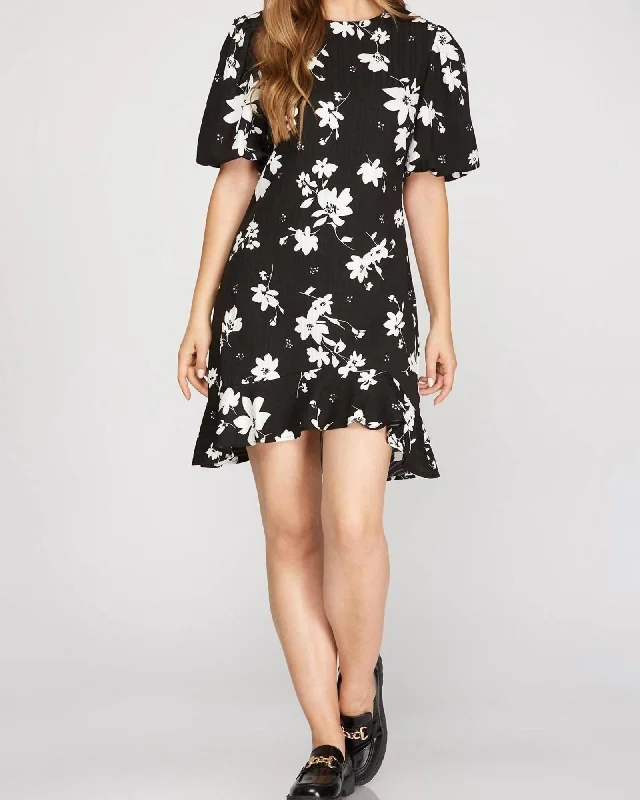 Limited Time Discount Puff Short Sleeve Print Dress In Black | Black