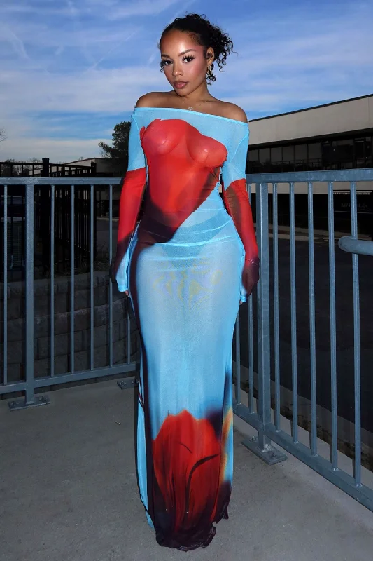 Super Sale La Rose Maxi Print Mesh Dress