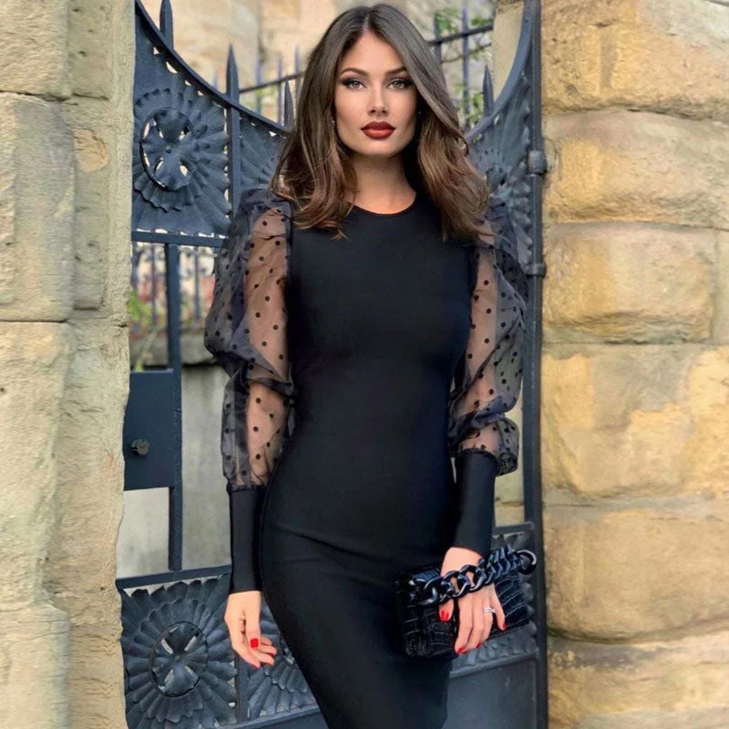 Daily Specials Femme Polka Dot Puff Sleeve Round Neck Bodycon Bandage Midi Dress - Black