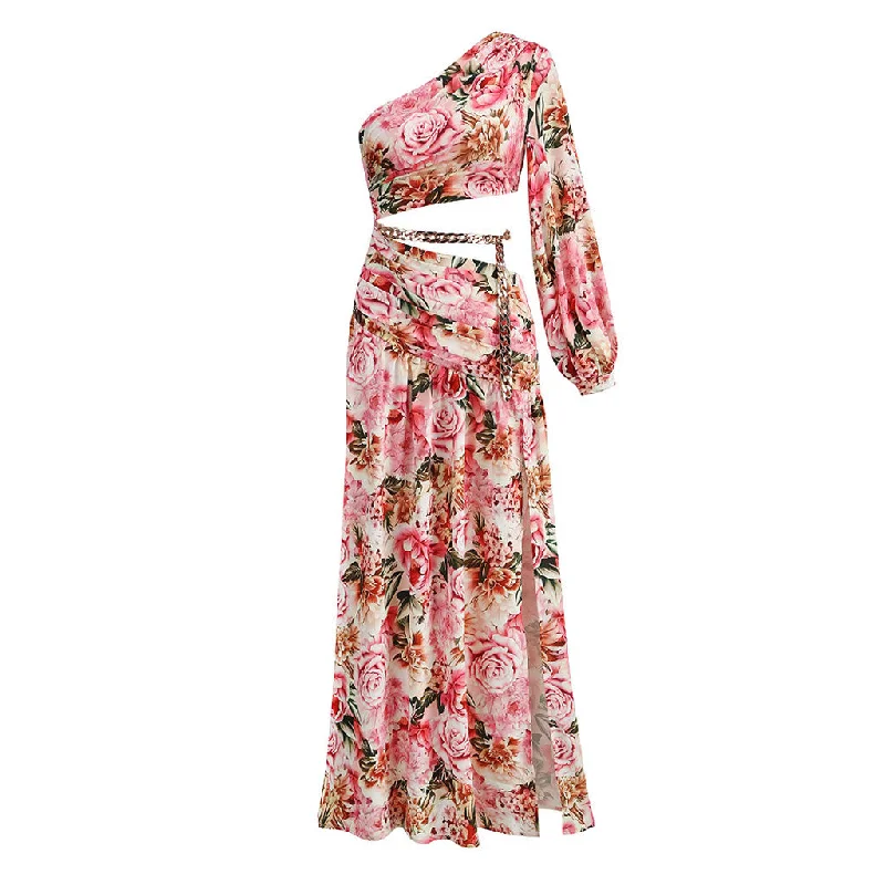 Blowout Deals Romantic Floral One Shoulder Balloon Sleeve Chain Detail Cutout High Slit Maxi Dress