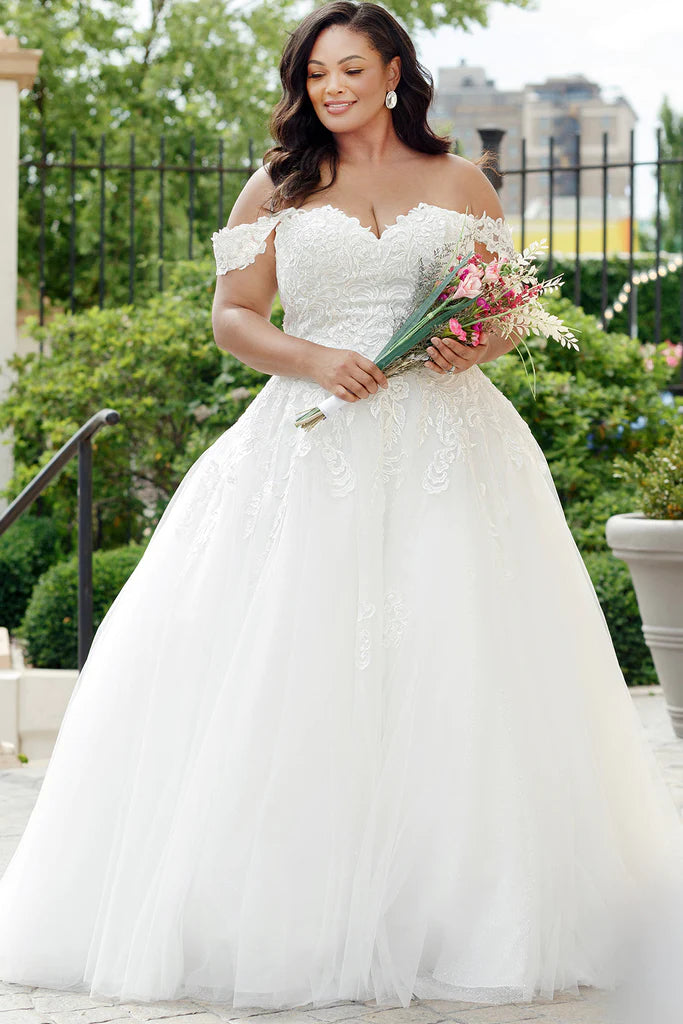 Special Offer Michelle Bridal For Sydney's Closet MB2310 Soft Bridal Tulle Over Embossed Tulle Floral Pattern Embroidered Lace Appliques Clear Sequins Off The Shoulder Lace Straps  Plus Size "Denali" Bridal Gown