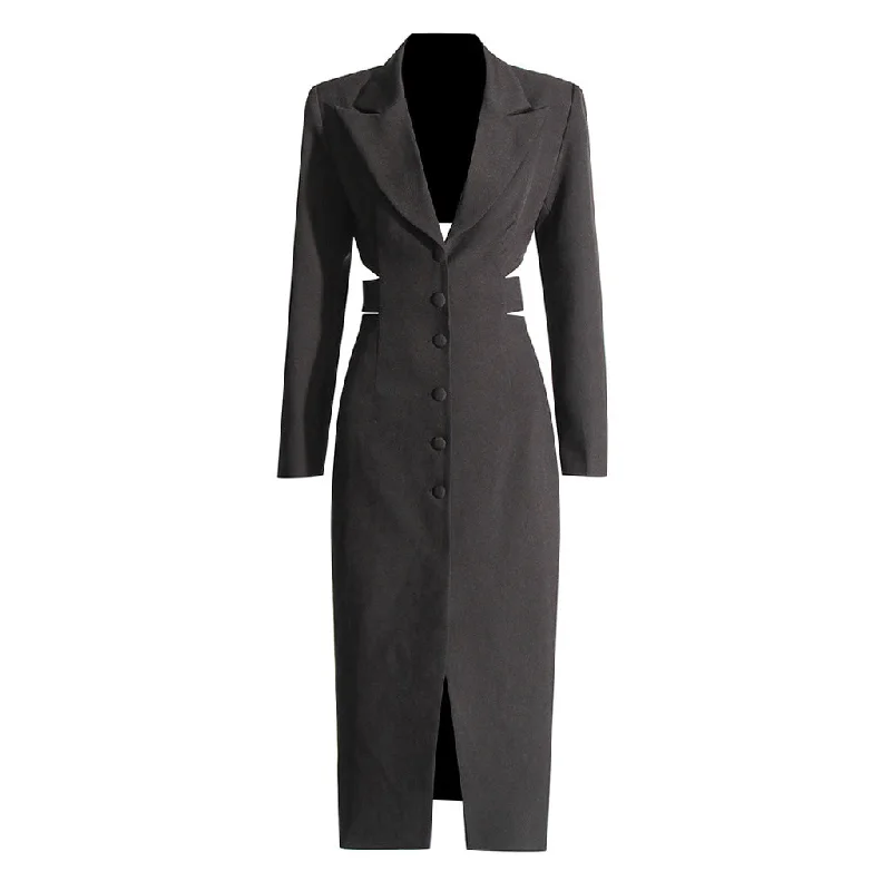 Early Bird Discount Sexy Lapel Single Breasted Belted Cinch Waist Long Sleeve Blazer Midi Dress