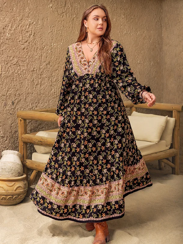 Discount Deals Plus Size Floral V-Neck Balloon Sleeve Dress