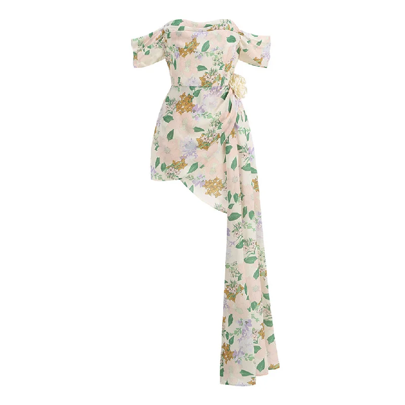Special Savings Asymmetrical Cowl Neck Off Shoulder Floral Print Draped Sheath Rosette Dress