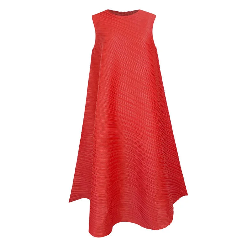 Value Deals Artistic Round Neck A Line Sleeveless Asymmetrical Pleated Midi Dress