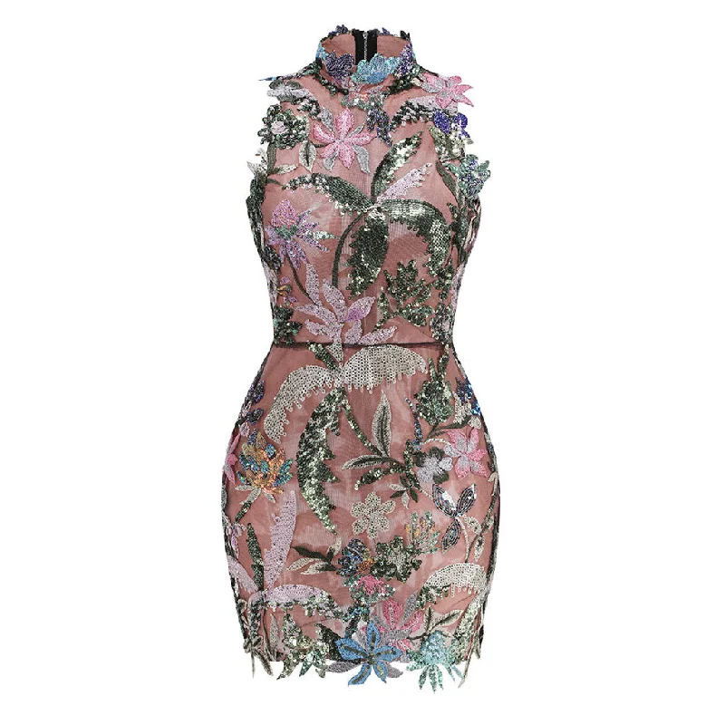 Price Drop Luxury High Neck Sleeveless Sequin Floral Embroidered Mesh Mini Party Dress