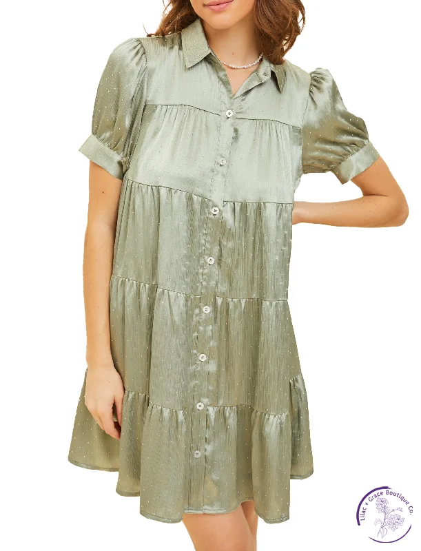 Price Drop Beaded Satin Button Down Dress