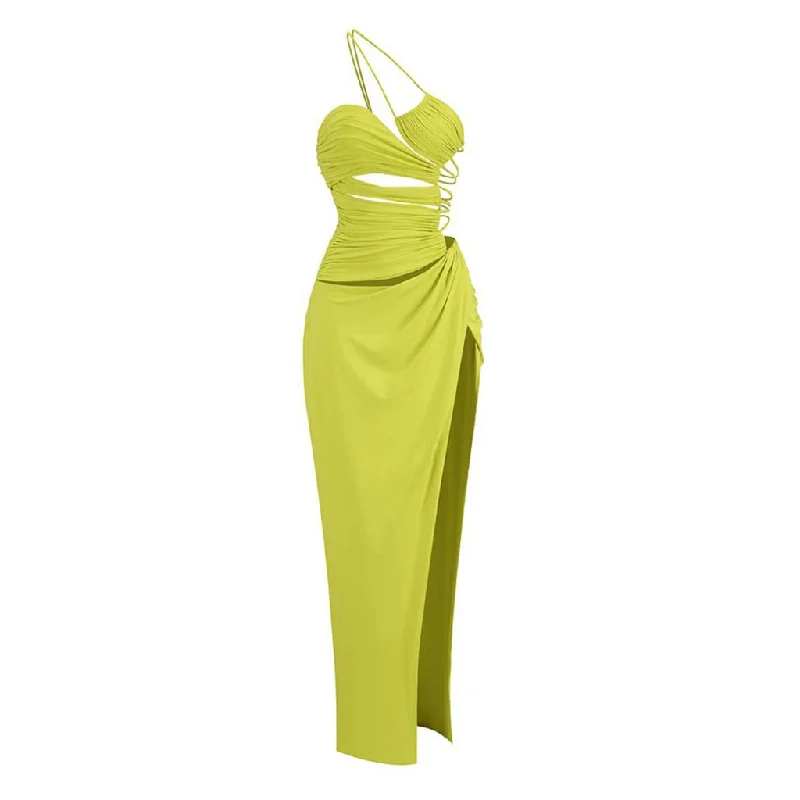 Online Only Asymmetrical One Shoulder Backless Ruched High Split Cutout Maxi Dress