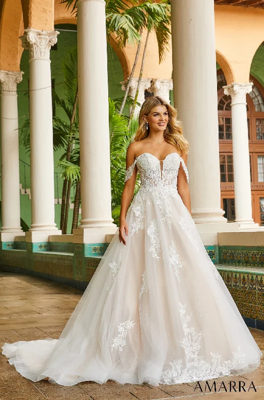 Exclusive Savings Amarra Bridal Megan 84401 Size 14 Off the shoulder Ballgown Bridal Wedding Dress Sheer Lace