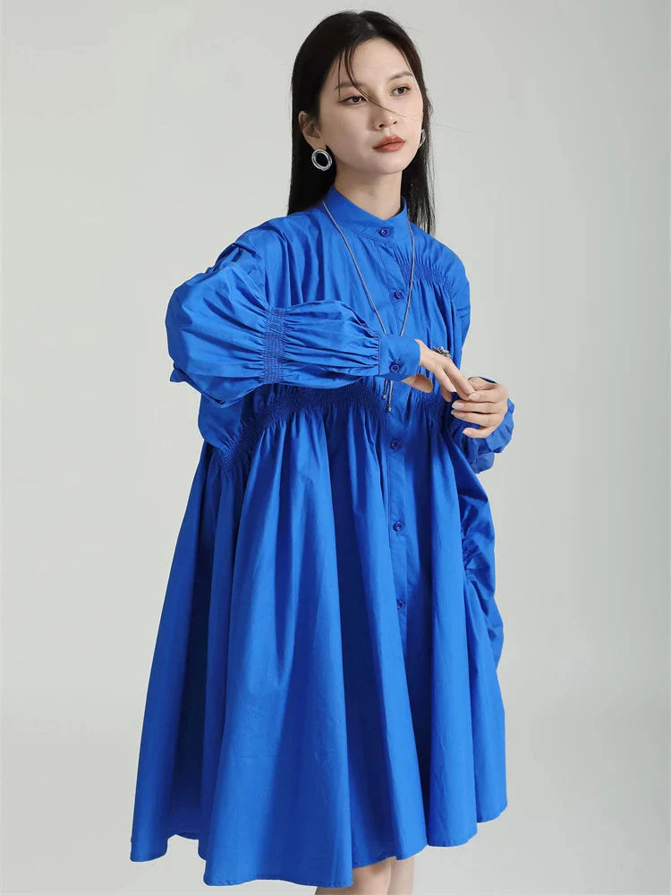 Price Fest Hotaru Long Sleeve Pleated Shirt Dress - Blue