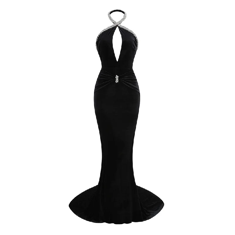 Super Bargain Sexy Cutout Halter Rhinestone Braided Ruched Backless Long Train Velvet Dress