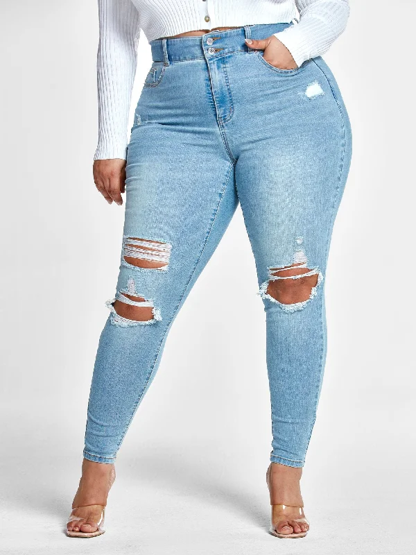 Early Bird Discount High Rise Curvy Fit Skinny Jeans with Blowout Knees - Tall Inseam Early Bird Discount High Rise Curvy Fit Skinny Jeans with Blowout Knees - Tall Inseam