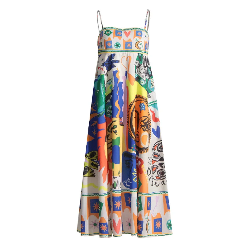 Quick Sale Playful Boho Printed Spaghetti Strap Smocked Back Babydoll Midi Sundress Quick Sale Playful Boho Printed Spaghetti Strap Smocked Back Babydoll Midi Sundress