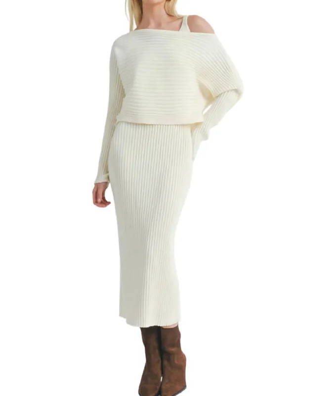 Gabi Ribbed Knit Dress & Sweater Set In Natural