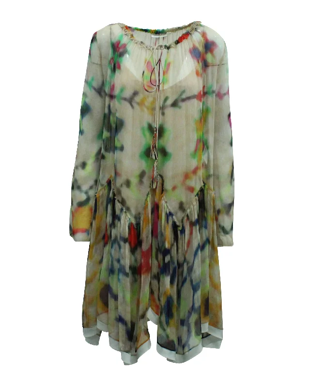 Chloe Tie Dye Print Peasant Dress in Multicolor Silk