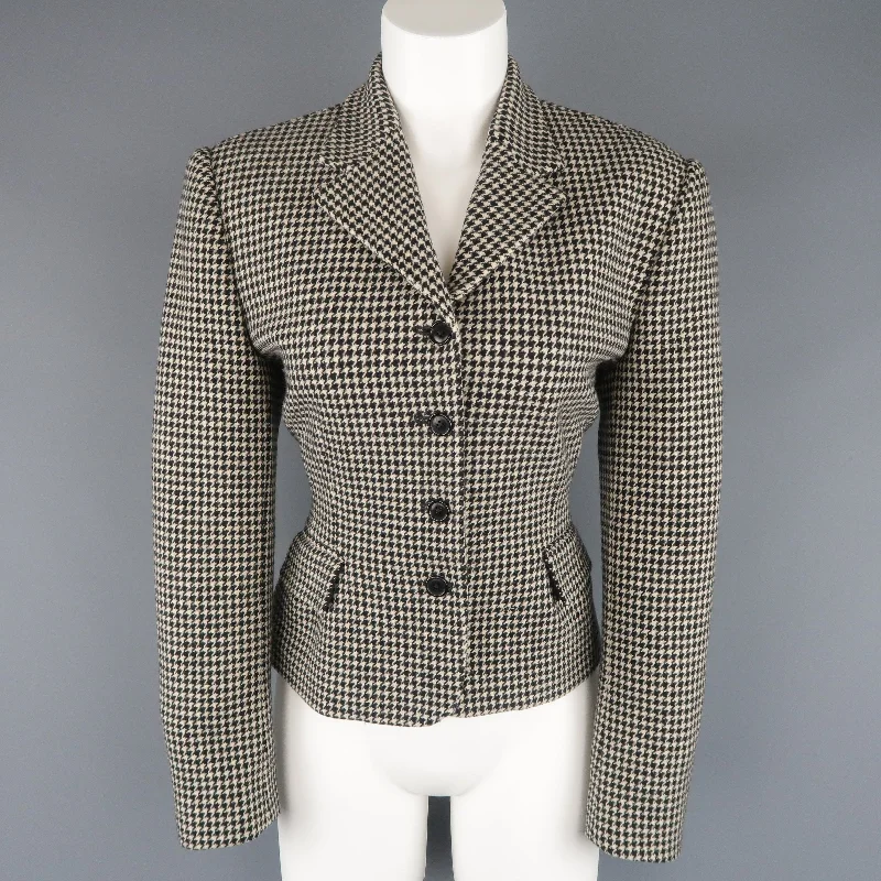 RALPH LAUREN Size 10 Cream & Black Houndstooth Wool / Cashmere Cropped Jacket