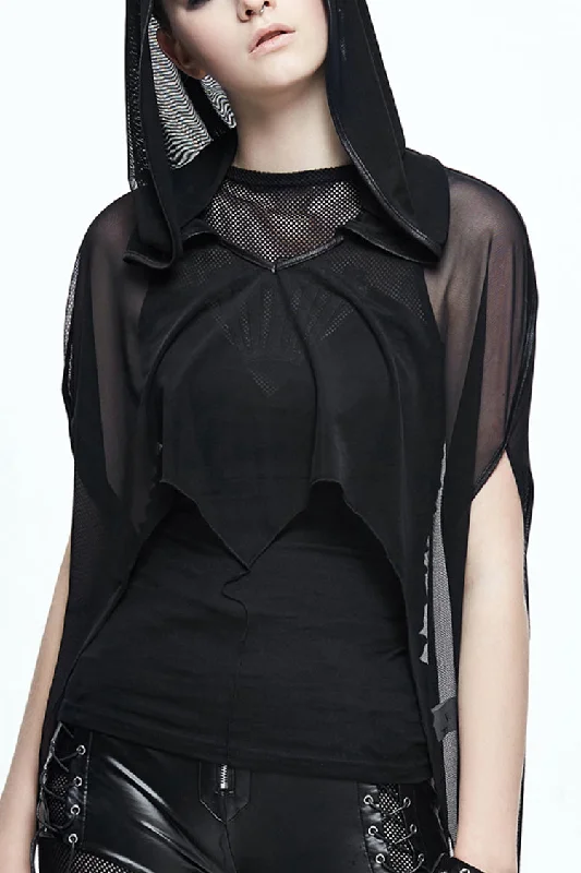 Black Mesh Wavy Sideline Long Women's Punk Hooded Bat Shawl