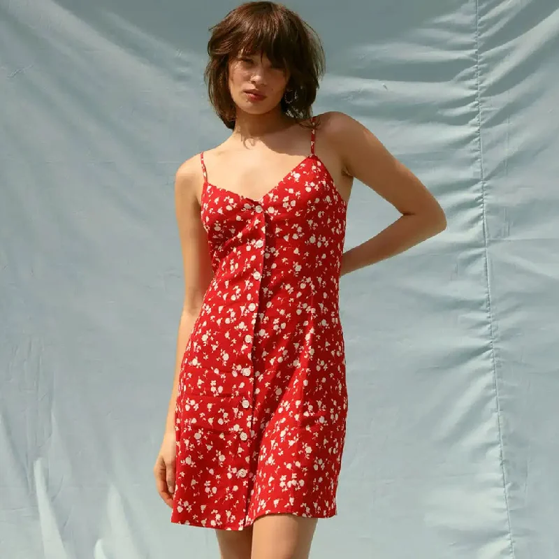 Price Cut Sweet Floral Print V Neck Button Front Cami Mini Dress - Red