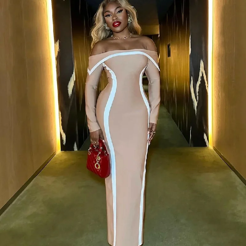 Weekend Deal Contrast Foldover Off Shoulder Long Sleeve Bodycon Bandage Maxi Dress