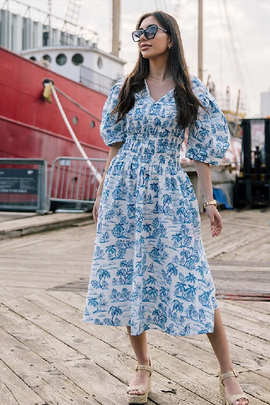 Deal Alert Leandra Blue Smocked V-Neck Midi Dress