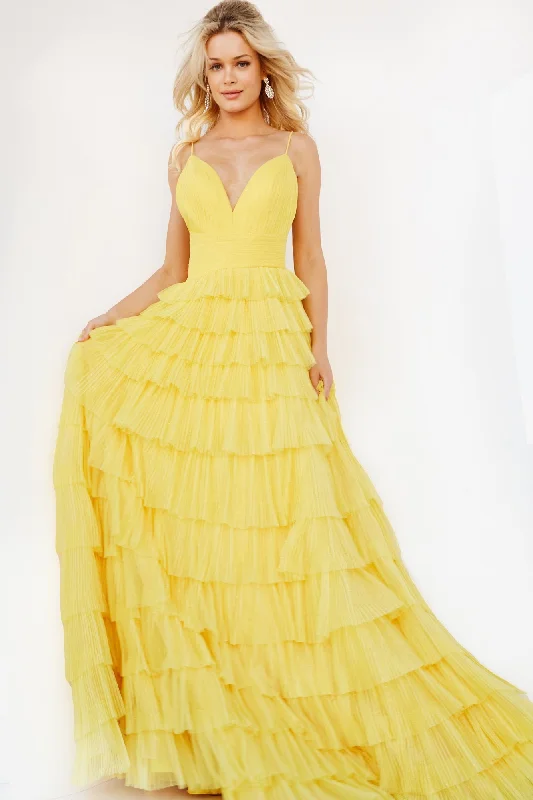 Fantastic Offers Jovani 08480 Pleated Tulle Tiered Floor Length A-line Layered Skirt With High Waist, Sleeveless Bodice Spaghetti Straps Prom Dress Formal Gown
