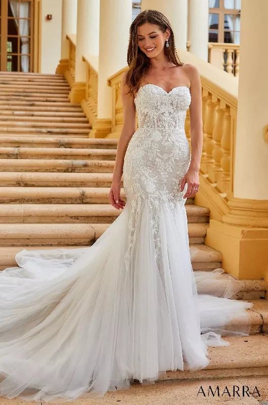 Deal Dash Amarra BELLA 84375 Size 8 Sheer Beaded Mermaid Wedding Dress Off the shoulder Bridal Gown