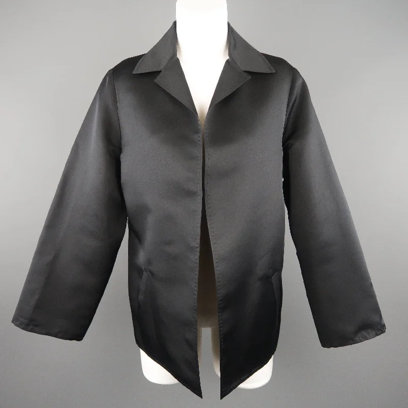 DUSAN Size M Black Silk Satin Collared Open Front Jacket