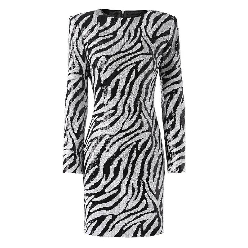 Can't Be Beat Powerful Crew Neck Strong Shoulder Long Sleeve Zebra Sequin Mini Party Dress
