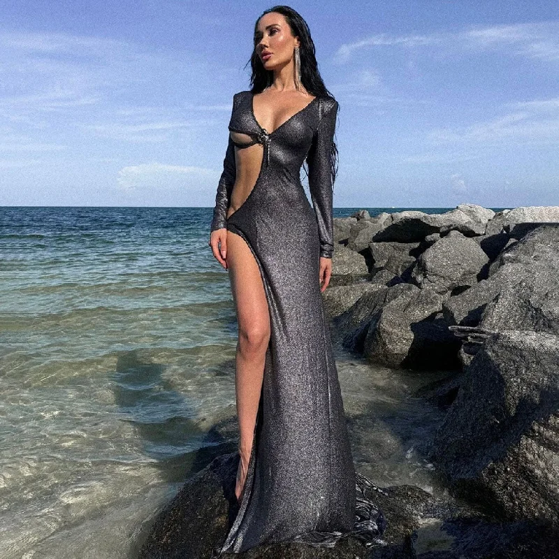 Closeout Glitter Metallic Lurex V Neck Long Sleeve Cutout Backless Split Maxi Gown Dress Closeout Glitter Metallic Lurex V Neck Long Sleeve Cutout Backless Split Maxi Gown Dress