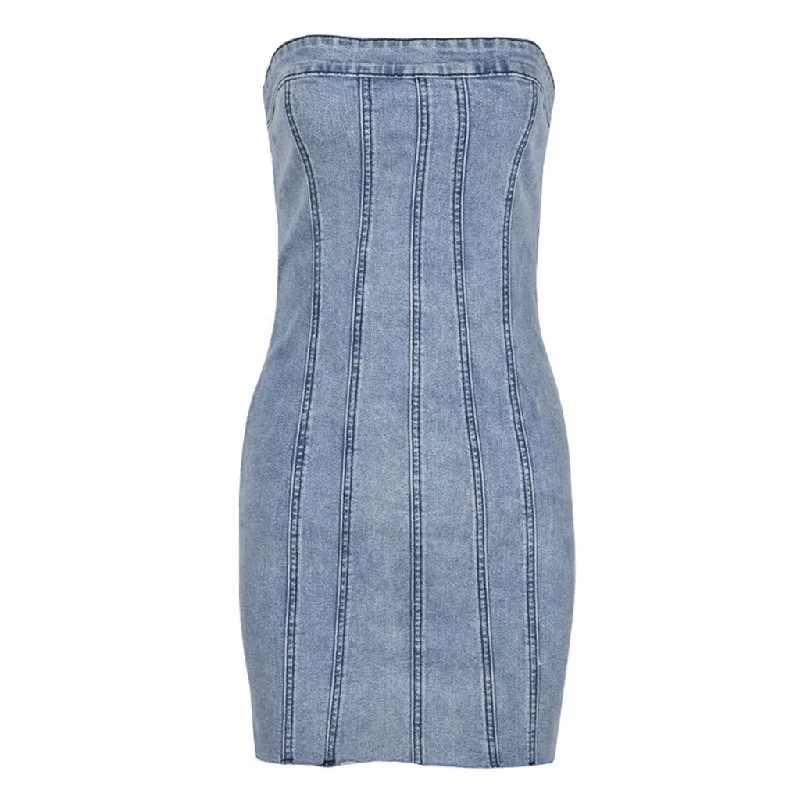 Weekend Special Retro Style Washed Strapless Raw Trim Summer Bodycon Mini Denim Dress