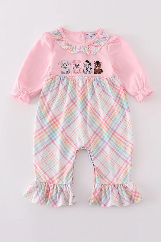 Big Discounts Pink farm animals embroidery girl romper