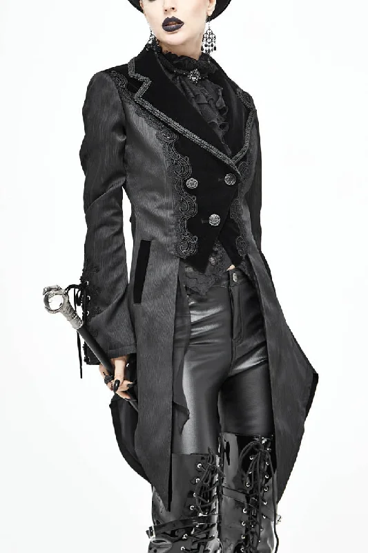 Black Front Decals Metal Button Lace-Up Cuff Dovetail Hem Striped Jacquard Women's Gothic Coat