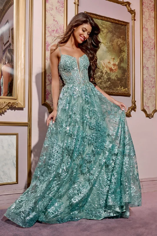 Year-End Sale Jovani 42199 Size 14 Sage Long A Line Prom Dress Sheer Corset Formal Evening Gown V Neck Glitter