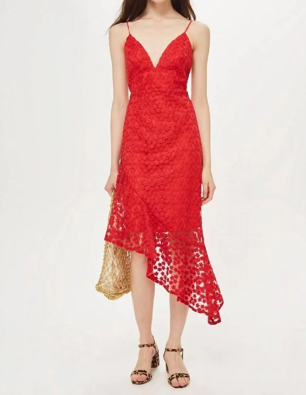 Lace Embroidery Asymmetrical Cocktail Dress In Red